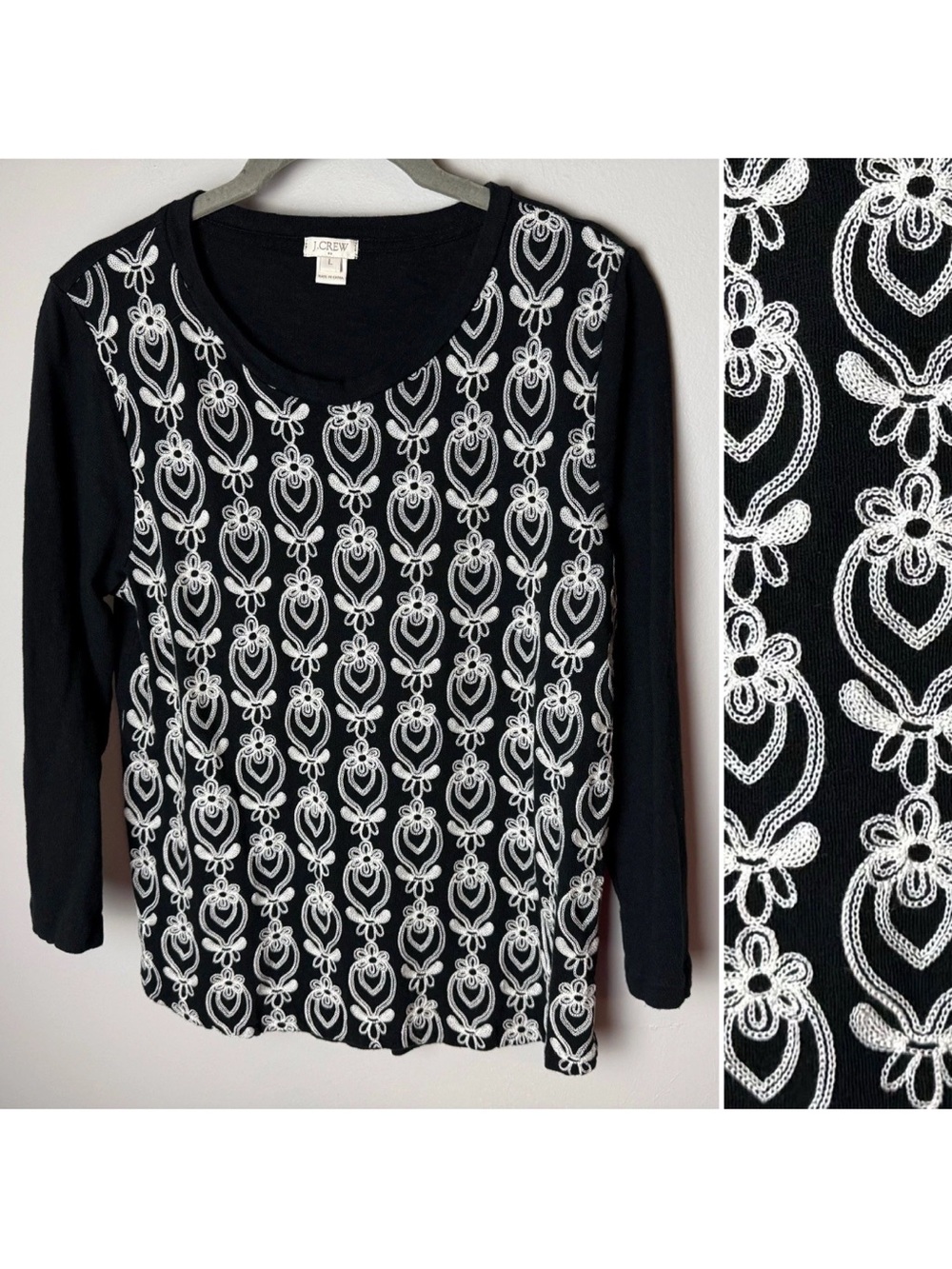 J. Crew Top Size Medium 3/4 Sleeves Black White Embroidered Floral Cotton Casual